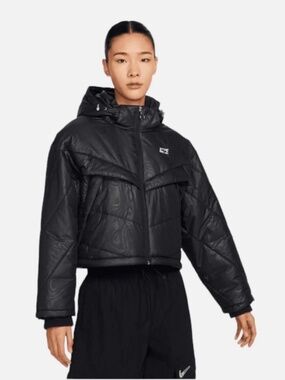 Nike Therma-FIT Icon Clash Cropped Hooded Puffer Jacket Black Size Small
